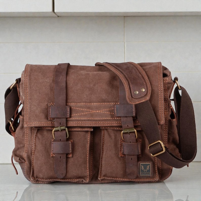 Canvas herentas – leren schoudertas crossbodytas Dark Coffee