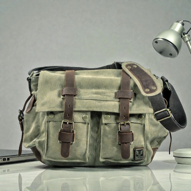 Canvas herentas – leren schoudertas crossbodytas Army Green