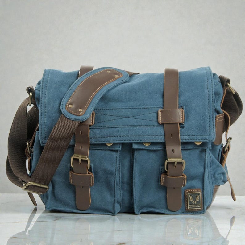 Canvas herentas – leren schoudertas crossbodytas Blauw