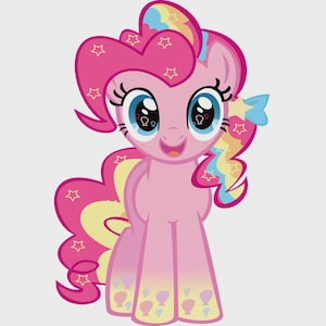 May include: A cartoon image of a pink pony with a cheerful expression. The pony has a pink body, a pink mane with yellow and blue accents, and large blue eyes. The pony's mane and tail feature star-shaped accents.