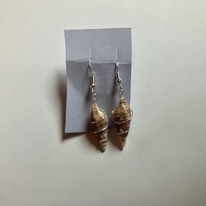 May include: A pair of dangle earrings featuring natural spiral seashells wrapped in thin silver-toned wire. Each shell is suspended from a silver-toned metal fishhook ear wire, attached to a small rectangular piece of white cardstock for display.