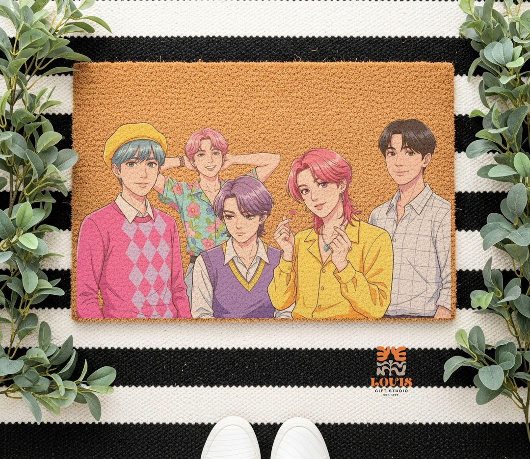 Kpop Rug K-pop Inspired Boy Band Doormat, Cute Kpop Style Illustration Welcome ...
