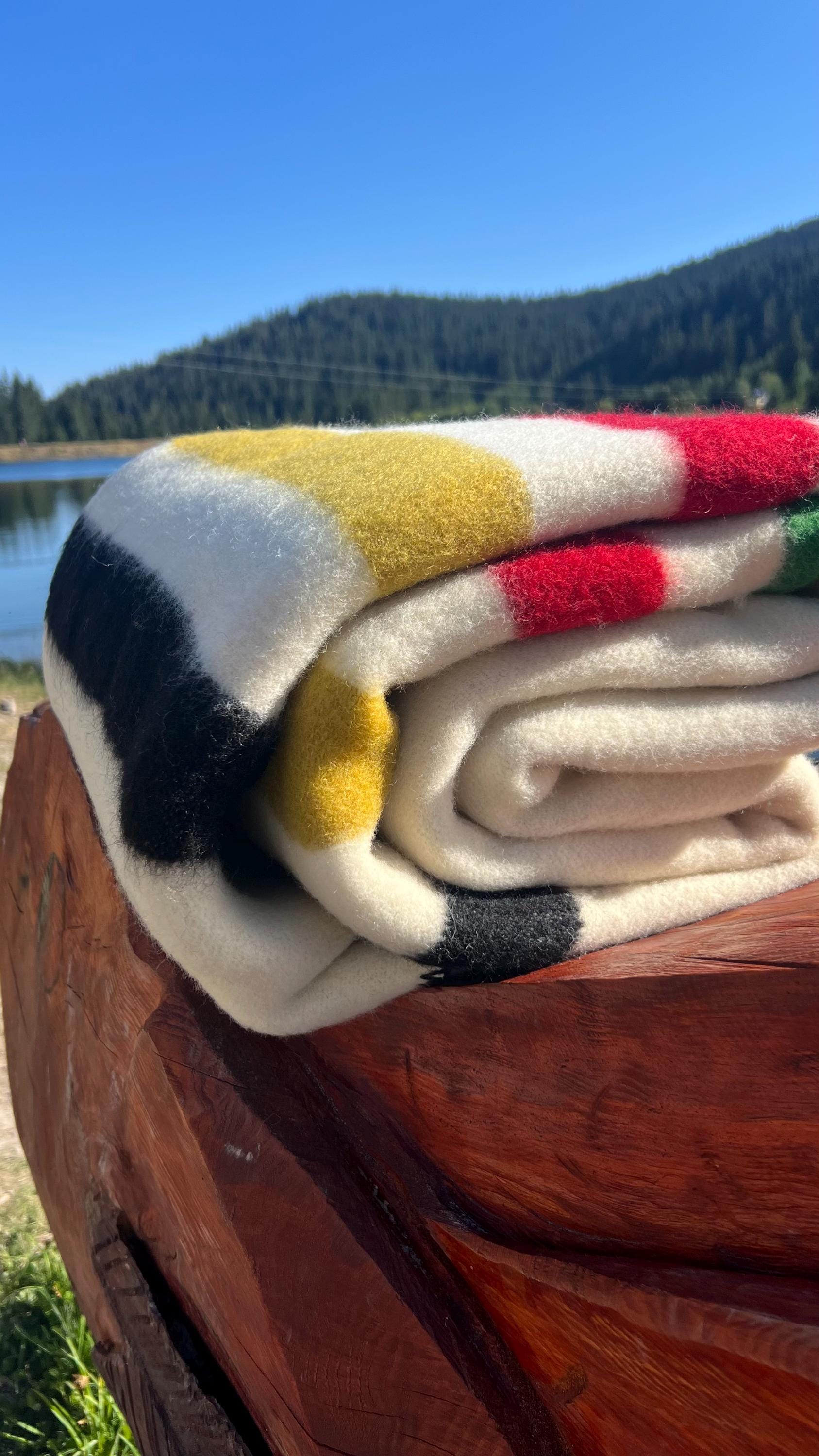 Hudson Bay Inspired Wool Blanket: Rustic Cabin Decor, Warm and