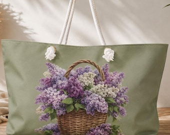 Lilac Flower Basket Weekender Tote Bag, Cottagecore Flora, Oversized Spring Garden Beach Bag with Rope Handles, Botanical Gift for Her