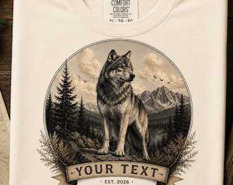 Personalized Gray Wolf Shirt, Custom Wolf Graphic Tee, Vintage Wildlife T-Shirt, Mountain Nature Gift, Rustic Outdoor Shirt