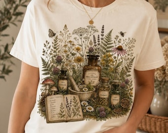 Botanical Frog Shirt, Cottagecore Wildflower Tee, Vintage Apothecary Mushroom Graphic, Plant Lover Gift
