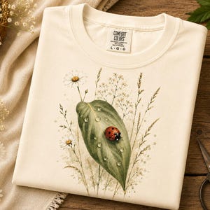 Ladybug Shirt, Gardening Shirt, Vintage Floral Botanical Tee, Cute Insect Cottagecore Top, Wildflower Nature Lover Gift