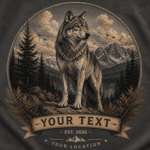 May include: A circular graphic print on dark fabric featuring a detailed gray wolf standing on a rock. The background shows a mountain range, pine trees, and a cloudy sky. A banner at the bottom contains the text YOUR TEXT, EST. 2026, and YOUR LOCATION.