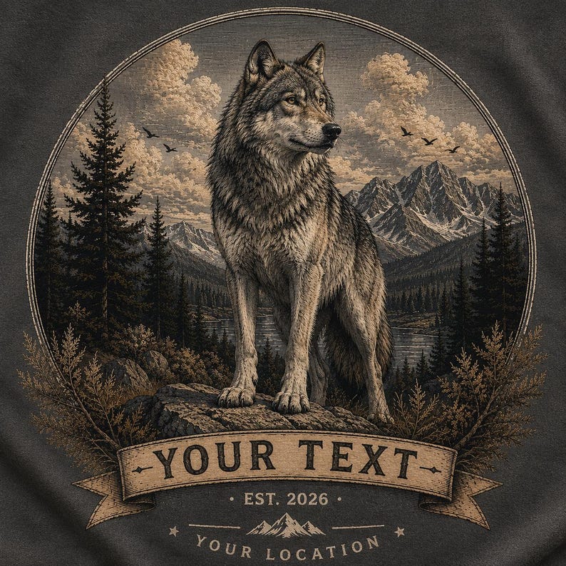 May include: A circular graphic print on dark fabric featuring a detailed gray wolf standing on a rock. The background shows a mountain range, pine trees, and a cloudy sky. A banner at the bottom contains the text YOUR TEXT, EST. 2026, and YOUR LOCATION.