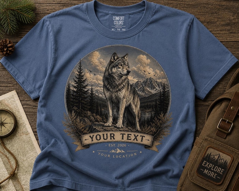 May include: A blue t-shirt featuring a circular graphic of a wolf standing in a forest with mountains in the background. The design includes a banner with the text YOUR TEXT, EST. 2026, and YOUR LOCATION. The shirt has a Comfort Colors label.