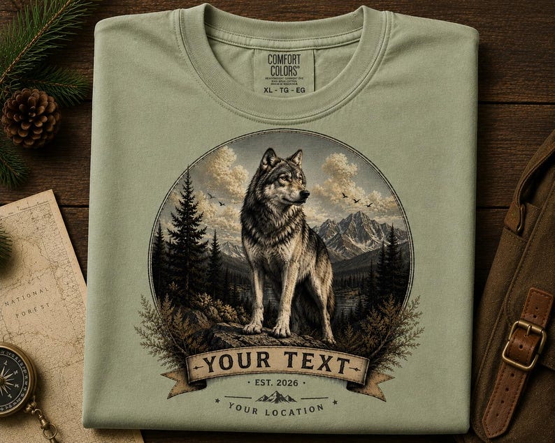 May include: A sage green crew neck t-shirt featuring a circular graphic of a wolf standing on a rock in a mountain forest landscape. Below the wolf is a banner with the text YOUR TEXT, EST. 2026, and YOUR LOCATION. The shirt has a Comfort Colors label.