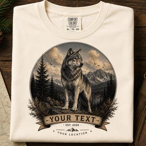 Personalized Gray Wolf Shirt, Custom Wolf Graphic Tee, Vintage Wildlife T-Shirt, Mountain Nature Gift, Rustic Outdoor Shirt white