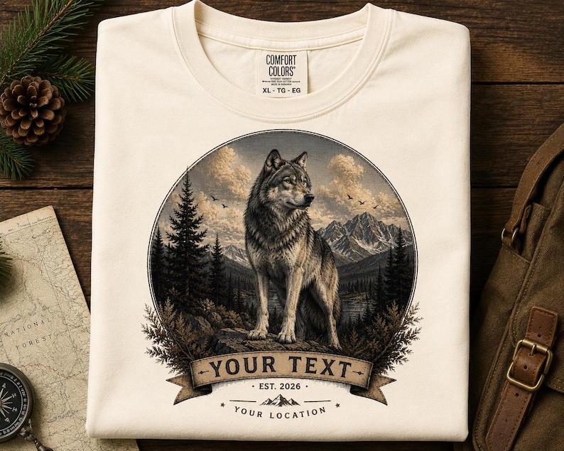 Personalized Gray Wolf Shirt, Custom Wolf Graphic Tee, Vintage Wildlife T-Shirt, Mountain Nature Gift, Rustic Outdoor Shirt white