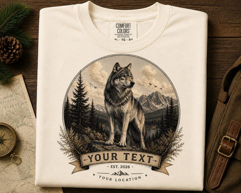 Może przedstawiać: Kremowy t-shirt z okrągłą grafiką przedstawiającą wilka stojącego na skale w górskim lesie. Pod wilkiem znajduje się baner z napisem "YOUR TEXT", "EST. 2026" oraz "YOUR LOCATION" z małą ikoną góry pomiędzy liniami tekstu.