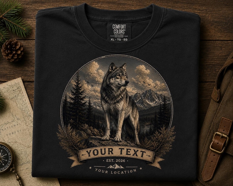 May include: A black t-shirt featuring a circular graphic of a wolf standing on a rock in a mountain landscape with pine trees and clouds. Below the wolf is a banner with the text YOUR TEXT, EST. 2026, and YOUR LOCATION. The shirt has a Comfort Colors label.