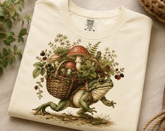 Vintage Frog Foraging Shirt, Cottagecore Mushroom T-Shirt, Botanical Toad Tee, Forestcore Nature Lover Gift, Woodland Frog