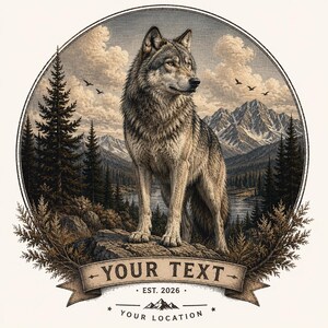 May include: A circular illustration featuring a gray wolf standing on a rock in a mountain landscape with pine trees and a lake. Below the wolf is a banner with the text YOUR TEXT and EST. 2026, followed by a mountain icon and YOUR LOCATION.