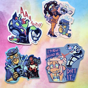 May include: Four colorful stickers with cartoon characters. One sticker features a robot with the text "AAA ACHT!!!". Another shows a character with the text "I CONSENT! I DON'T!!". The third sticker has a character taking a photo. The last sticker has the text "IT'S RIGHT BEHIND ME ISN'T IT."