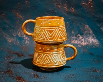 Rustic Ceramic Handmade Geometric Cups Set Coffee and Tea Mugs