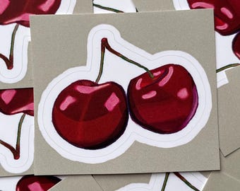 Pegatina de fruta con diseño de cereza (vinilo mate resistente al agua) / hecha a mano