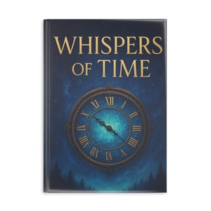 Könnte beinhalten: Ein Buchcover mit dem Titel "WHISPERS OF TIME" in goldener Schrift. Das Cover zeigt ein Zifferblatt mit römischen Ziffern und einen Hintergrund mit Sternenhimmel. Die Zeiger der Uhr zeigen kurz vor 12 Uhr.