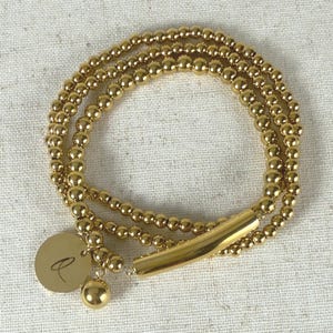 Personalized Initial Bracelet Stack • Gold or Silver Beaded Bar Bracelet • Engraved Disc • 3-Piece Stretch Bracelet Set