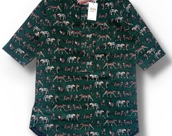 ISI Agu Green Shirt - Bold Leopard Print Short Sleeve - Unique African Fabric Inspired