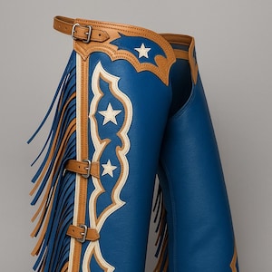 Könnte beinhalten: Blaue Lederchaps mit braunen und weißen Zierleisten, Sternakzenten und Fransen. Die Chaps haben verstellbare Schnallen und einen Gürtel. Western-Bekleidung.