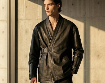 Black Leather Kimono Biker Jacket - Cyber Noragi Streetwear -  Tactical Wrap Coat - Mens Japanese Style