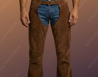 ADISAL Herren Braune Wildleder Chaps | Cowboy Glockenboden Chaps | Schwarze Streetwear Hose