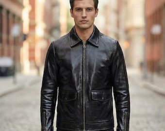Giacca da uomo in pelle con colletto - Classico cappotto nero - Capospalla in pelle di vacchetta pieno fiore fatto a mano