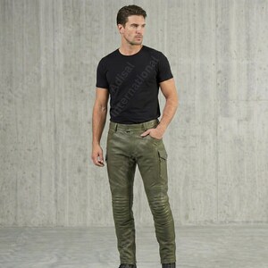 Men's Commando Green Leather Motorcycle Pants | Biker- Tactical Cargo Army Gear | Ribbed Knee Cowhide