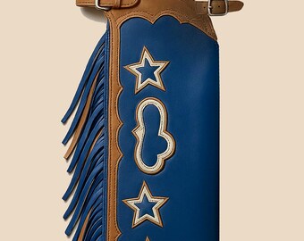 Handmade Blue & Tan Leather Bull Riding Chap – Western Rodeo Cowboy Stars Design-Cowhide leather