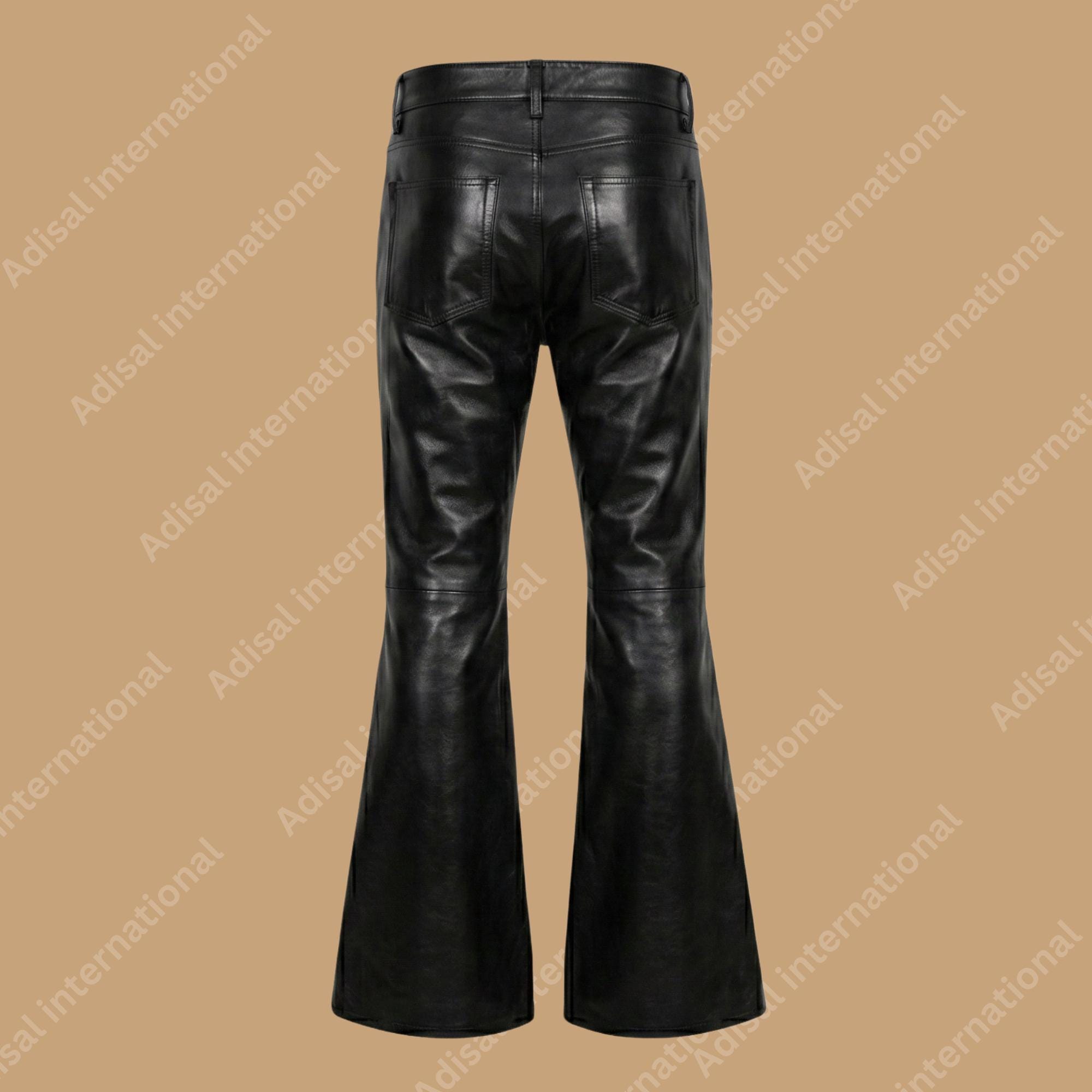 Men's Black Leather Flare Pants Custom Cowhide 70s Rock Biker
