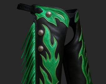 Custom Black Leather Cowboy Chaps: Metallic Green Flame Fringe