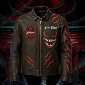 May include: A brown leather jacket with a zip fastening and a collared neckline. The jacket features embroidered designs in red and blue, including the text "Jujutsu Kaisen" and a stylized monster face. The jacket has a classic biker style.