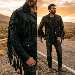 Pu&ograve; includere: Una giacca in pelle nera con lunghe frange sul petto, sulla schiena e sulle maniche. La giacca presenta un colletto classico, bottoni a pressione color argento e due tasche frontali. &Egrave; indossata sopra una t-shirt scura e jeans in denim.