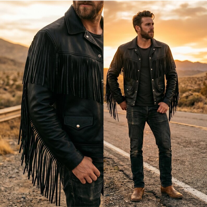 Pu&ograve; includere: Una giacca in pelle nera con lunghe frange sul petto, sulla schiena e sulle maniche. La giacca presenta un colletto classico, bottoni a pressione color argento e due tasche frontali. &Egrave; indossata sopra una t-shirt scura e jeans in denim.