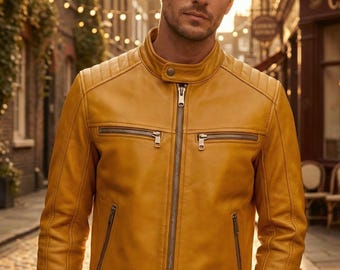 Giacca da uomo in pelle bovina color giallo senape / Vestibilità slim stile café racer da motociclista