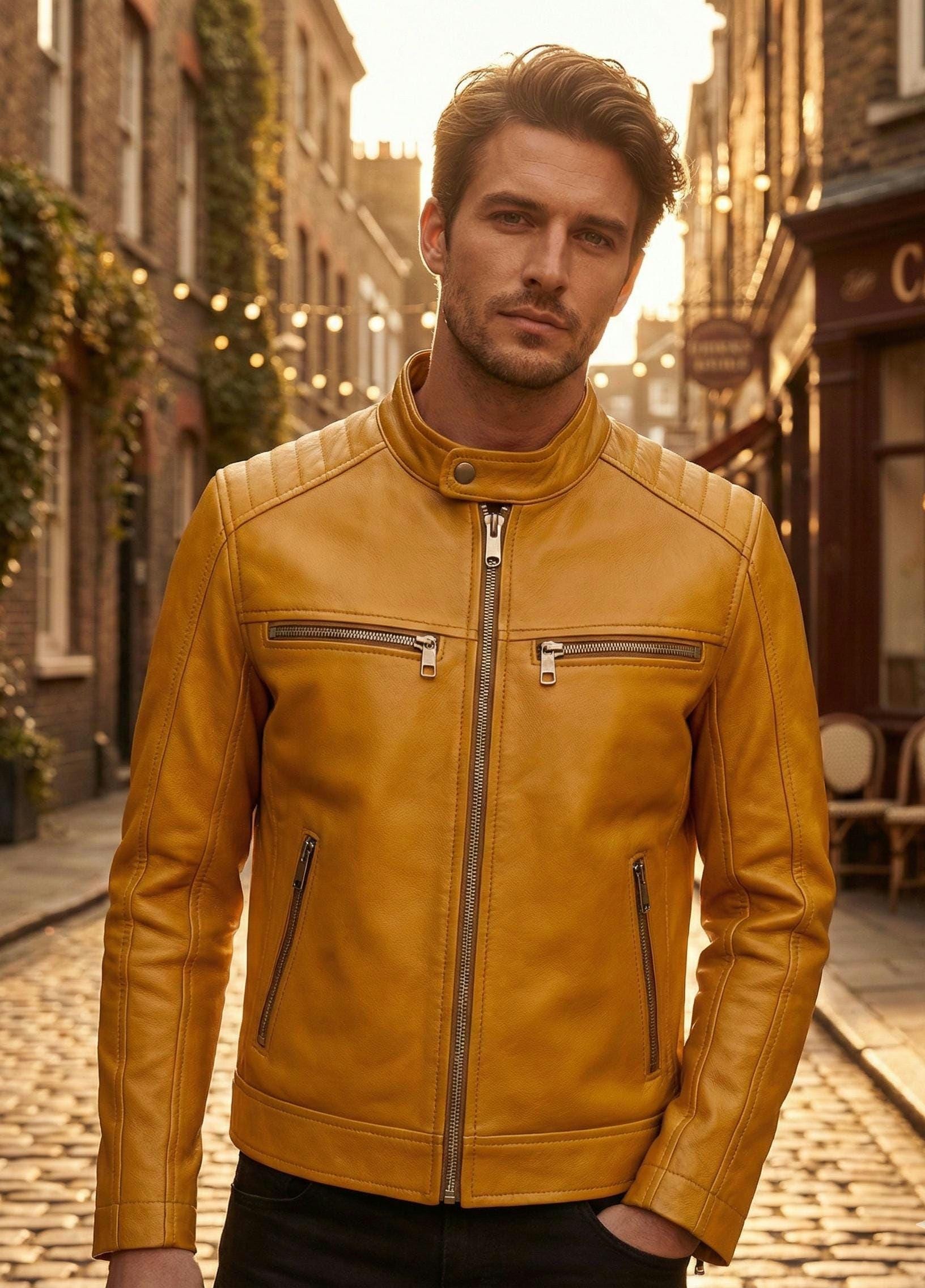 YELLOW CORD レザージャケット Lサイズ Men's Mustard Yellow Cowhide Leather Jacket | Slim Fit Café Racer