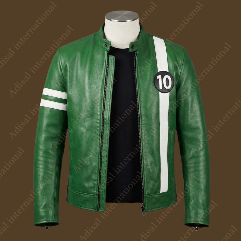 May include: Green leather jacket with a white stripe down the right side and two white stripes on the left sleeve. Features a black patch with the number 10. The jacket has a zipper closure and a stand-up collar.