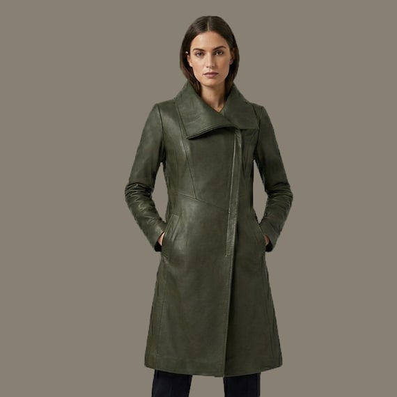 Olive Green Real Cowhide Leather Trench Coat, Women's Long Coat