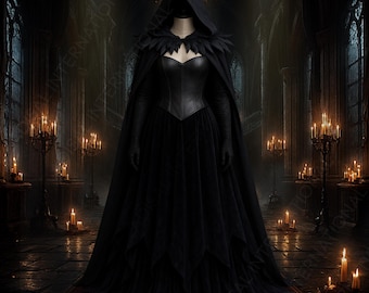 Raven Witch Gothic Costume for cosplay -  with Corset, Cape & Lace Sleeves