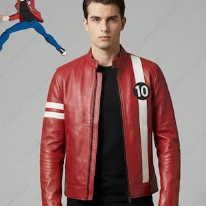 Green/red cowhide Leather Jacket Men | Ben Tennyson Alien Force Cosplay | Racer Style image 6
