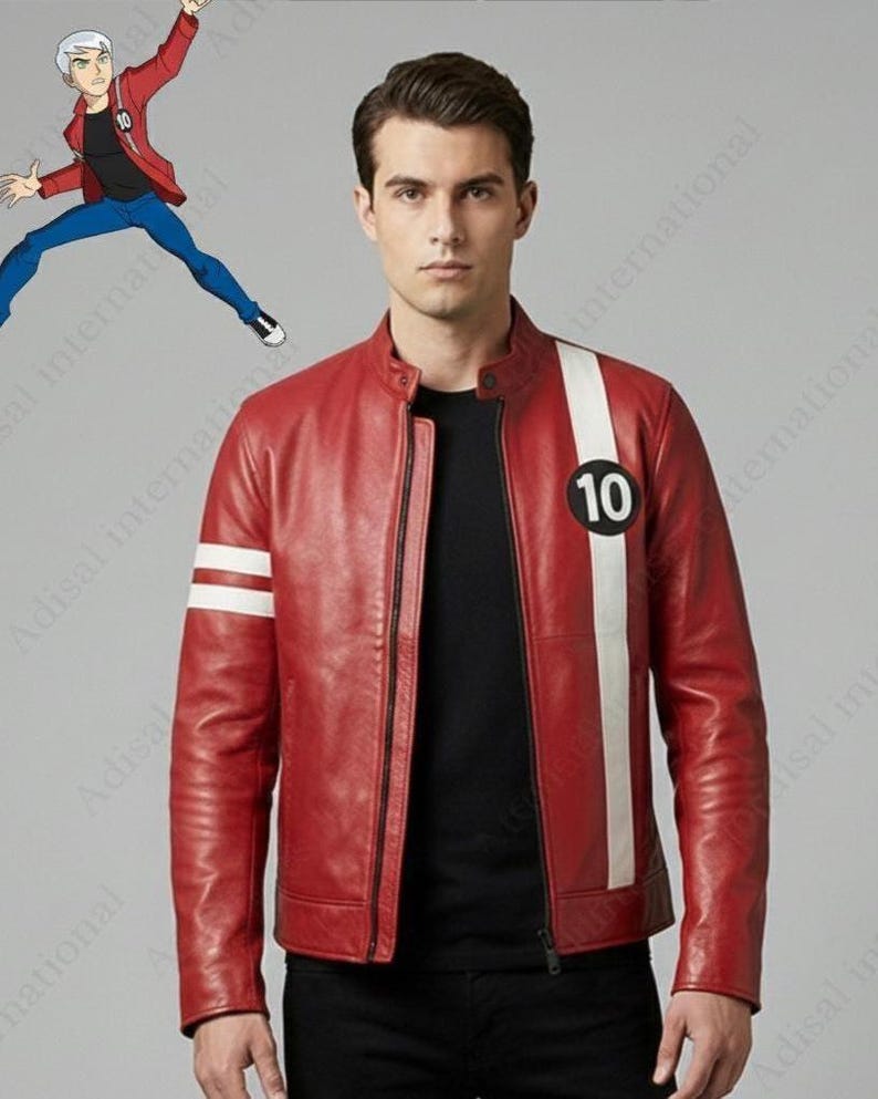 Green/red cowhide Leather Jacket Men | Ben Tennyson Alien Force Cosplay | Racer Style image 6