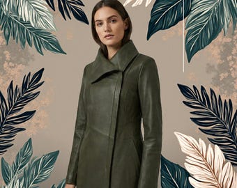 Olive Green Real Cowhide Leather Trench Coat, Women's  Long Coat, Funnel Neck Winter Jacket