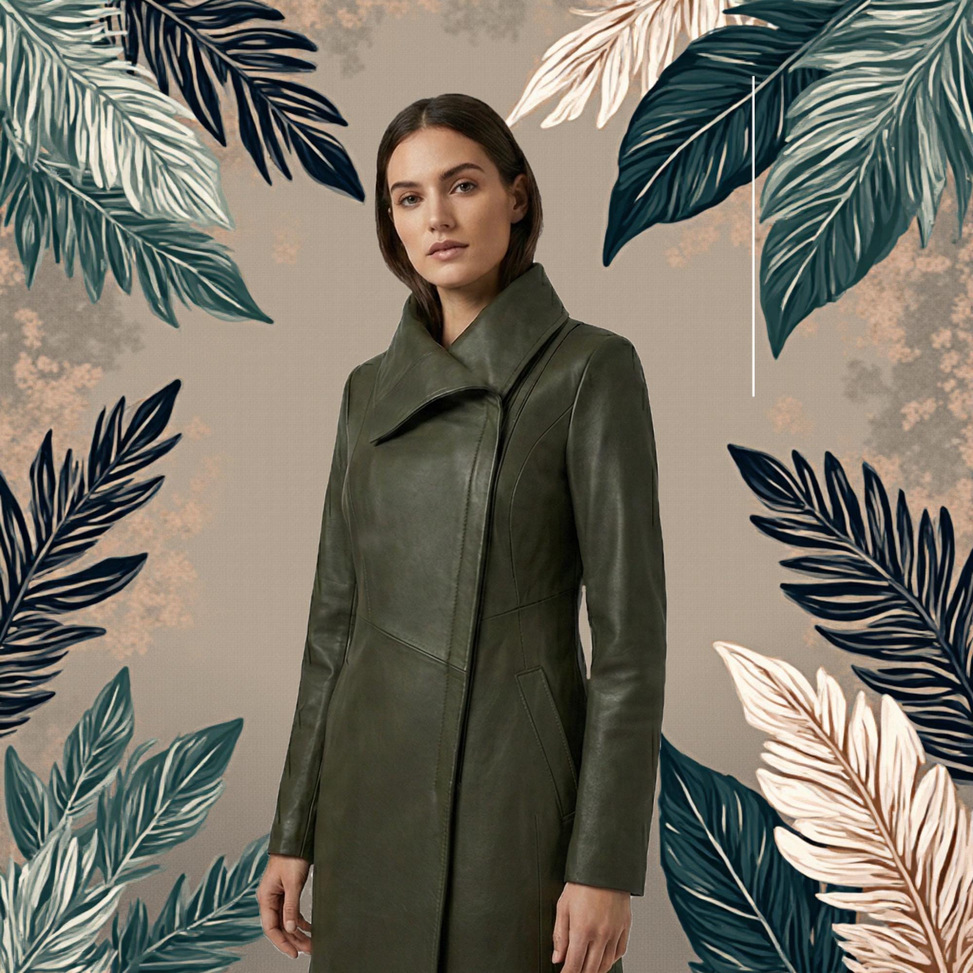Olive Green Real Cowhide Leather Trench Coat, Women's Long Coat