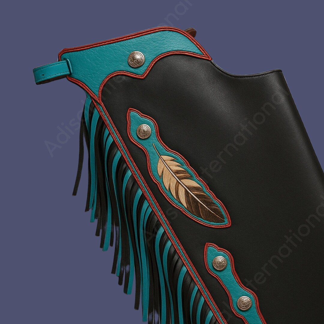 Cowhide Rodeo Chaps Custom Bull Riding Chaps: Cowhide Leather, Black & Turquoise, Feather ...