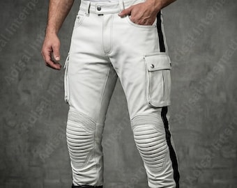 Men's Matte Black Leather Motorcycle Pants | Ribbed Knee Biker Trousers | Tactical Cargo Riding Gear