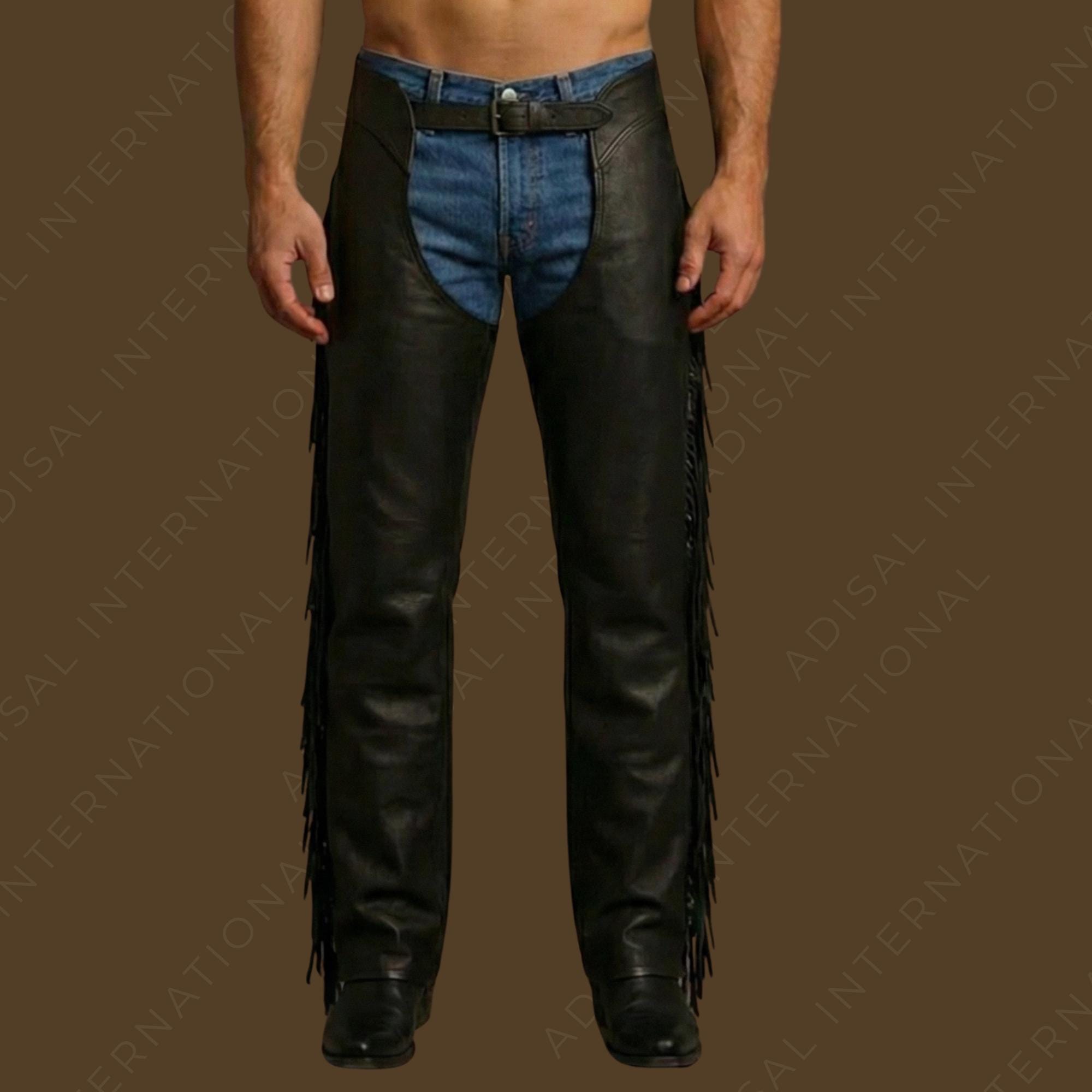 Men's Black Leather Rodeo Chaps (pants style) with Fringes - Bull Riding Cowboy - Cowhide Leather Men's Black Leather Rodeo Chaps (pants style) with Fringes - Bull Riding Cowboy - Cowhide Leather